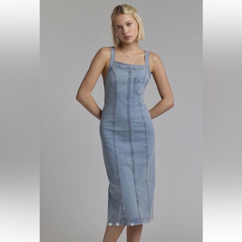 Urban Outfitters Tank Square Neck Denim Stretch Midi Dress Light